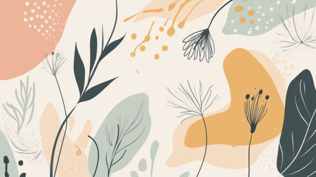 Delicate minimalist doodles showcase various leaves, flowers, and natural elements, creating a peaceful and creative atmosphere.の素材