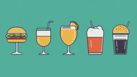 Burgers and diverse drinks are displayed on a minimalist background, creating a relaxed atmosphere perfect for casual meals.の素材