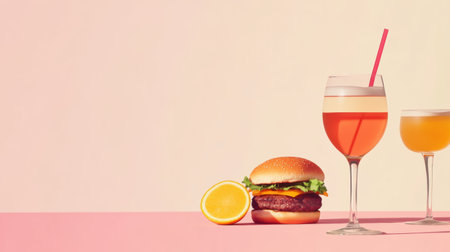Bright drinks and a delicious burger create a perfect setup for a relaxed dining experience on a warm day.の素材