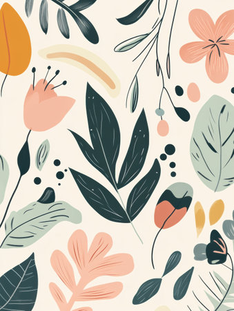 This collection showcases minimalist doodles of various leaves, flowers, and nature elements, perfect for design inspiration or decor.の素材