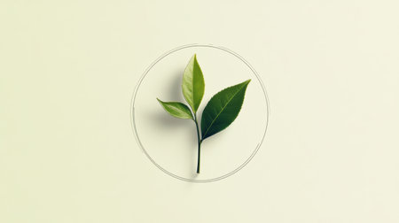 Fresh tea leaves are arranged in a circular design on a soft background, highlighting their vibrant green color and natural elegance.の素材