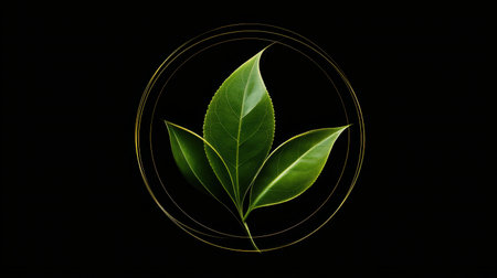 This artwork showcases a sleek tea leaf design centered against a black background, emphasizing its natural beauty and simplicity.の素材
