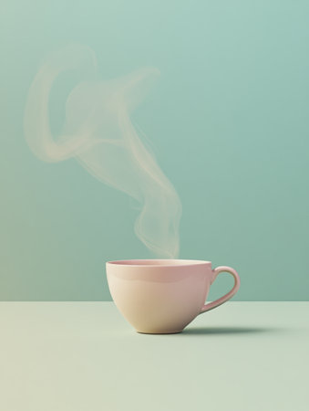 A tea cup steams gently, showcasing curving vapors that rise gracefully, creating a calming atmosphere in a serene environment.の素材