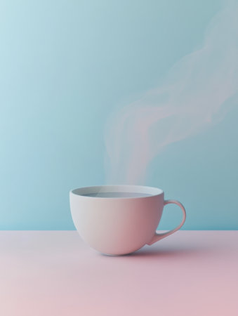 A delicate tea cup sits on a soft surface, releasing smooth, curling steam, creating a warm and inviting atmosphere in the room.の素材