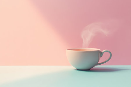 A tea cup sits on a pastel surface, releasing gracefully curving steam, creating a peaceful atmosphere for a morning ritual.の素材