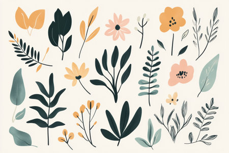 A collection of minimalist doodles showcases a variety of leaves and flowers in soothing colors, celebrating nature's elegance.の素材