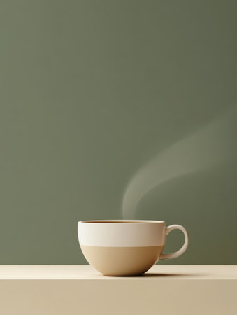 A warm tea cup releases gently curling steam, creating a tranquil atmosphere perfect for unwinding. Enjoying a moment of peace.の素材