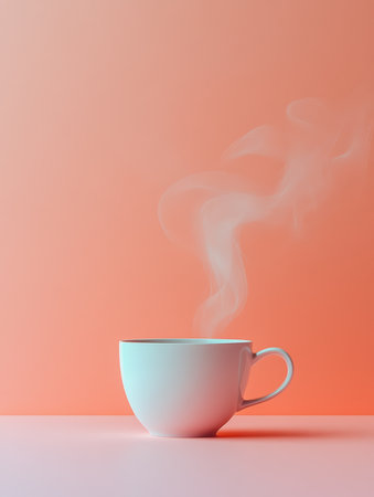 A white tea cup emits gently swirling steam, resting on a smooth surface with a peach backdrop, creating a tranquil atmosphere.の素材