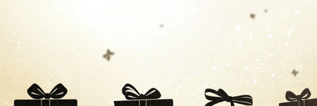 Silhouettes of various gift boxes with elegant bows are silhouetted against a light backdrop, evoking a festive atmosphere for celebrations.の素材
