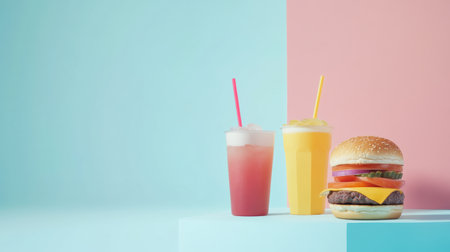 Two refreshing drinks sit beside a delicious burger, creating a colorful and inviting atmosphere ideal for a casual meal.の素材