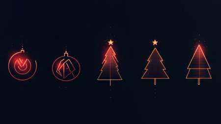 Minimalist silhouettes of Christmas trees and ornaments glow softly, creating a warm festive atmosphere on a dark background.の素材