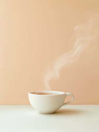 A delicate cup of hot tea emits softly curling steam, set on a minimalist surface with a warm pastel background, creating a serene atmosphere.の素材