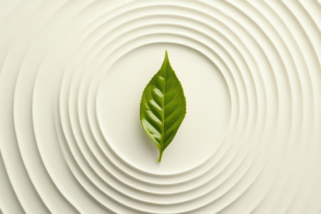 A single green tea leaf rests prominently on a smooth, textured white surface, emphasizing simplicity and tranquility in design.の素材