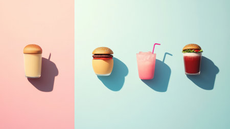 A vibrant display of burgers and drinks arranged on a soft pastel background, perfect for sharing or enjoying alone.の素材