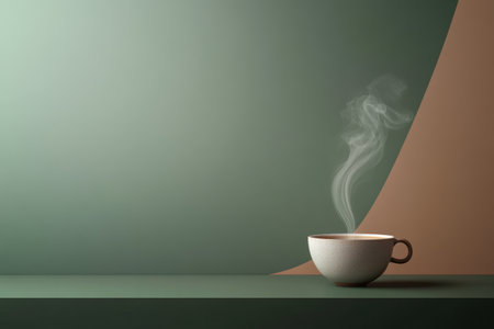 The steaming tea cup emits smooth curls of vapor, creating a warm ambiance in a serene, minimal setting with gentle colors.の素材