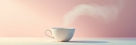 A delicate tea cup releases gently curling steam into the air, set against a calm and soothing pink background, evoking tranquility.の素材