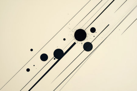 Black diagonal lines intersect various circles of differing sizes on a light backdrop, creating a modern artistic composition.の素材