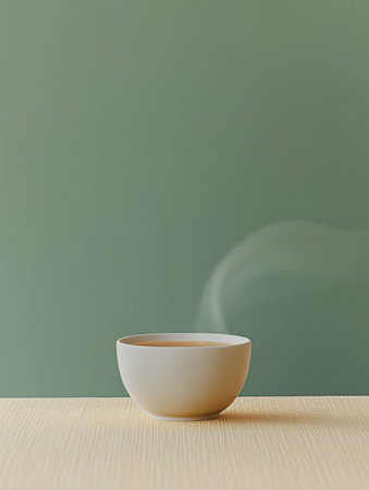 A comforting tea cup sits on a light wooden table, releasing soft, swirling steam in a serene green setting.の素材