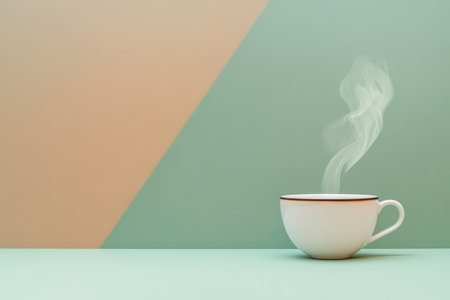 Nestled on a simple table, a tea cup releases gently curling steam in a serene blend of soft green and peach hues.の素材