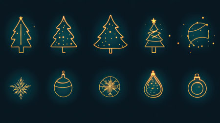 Glowing minimalist silhouettes showcase Christmas trees and ornaments, creating a festive display on a dark backdrop during the holiday season.の素材