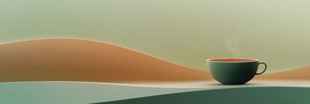 A delicate tea cup releases smooth steam, set against soft, layered colors reminiscent of a tranquil morning landscape.の素材