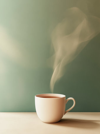 A steaming cup of tea emits gentle curves of steam, creating a tranquil atmosphere in a softly lit room.の素材
