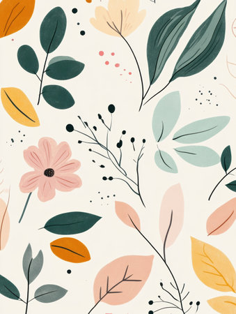 Colorful leaves and flowers in a minimalist style combine to form a tranquil and inviting nature-inspired design that pleases the eye.の素材