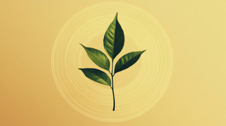 This artwork showcases a single tea leaf, perfectly centered against a warm yellow background, celebrating the essence of nature.の素材