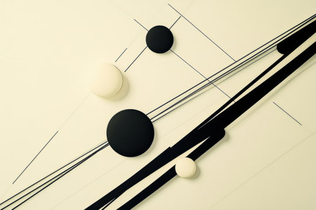 A creative arrangement of black diagonal lines crosses a light backdrop, intersecting circles of various sizes, creating a dynamic visual effect.の素材