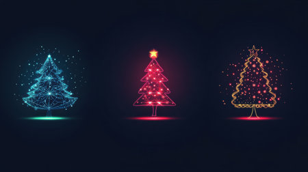Minimalist designs featuring glowing Christmas trees and ornaments illuminate the dark background, celebrating the holiday spirit.の素材