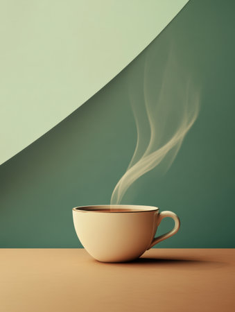 A steaming cup of tea rests on a smooth surface, releasing gentle curls of steam into a calm atmosphere.の素材