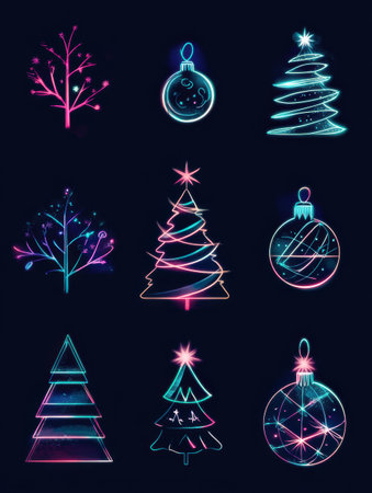 Bright, glowing outlines of Christmas trees and ornaments create a minimalist design that celebrates the holiday spirit beautifully.の素材