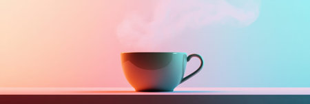 A steaming tea cup sits on a table, exuding warmth and inviting calmness in a soft morning atmosphere.の素材