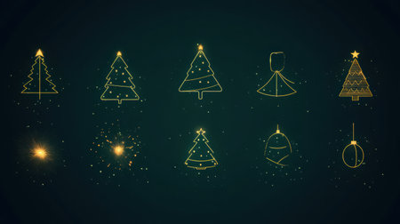 Glowing minimalist silhouettes of Christmas trees and ornaments are beautifully displayed against a dark backdrop, evoking a festive spirit.の素材