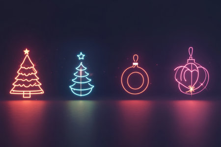 Glowing lines create minimalist silhouettes of Christmas trees and ornaments, enhancing the festive spirit in the dark backdrop.の素材