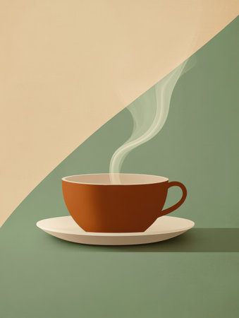 A ceramic tea cup rests on a small plate, emitting smooth steam into the air, creating a cozy ambiance in a serene setting.の素材
