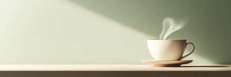A delicate tea cup emits smooth steam, illuminated by gentle sunlight in a tranquil setting, creating a serene atmosphere.の素材