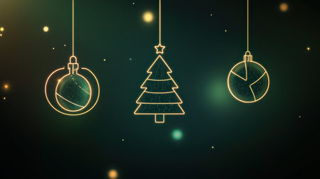 This artwork features minimalist glowing outlines of Christmas trees and ornaments, creating a festive atmosphere on a dark backdrop.の素材