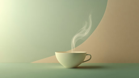 The warm steam rises gracefully from a cup of tea, creating a serene atmosphere against a soothing background.の素材