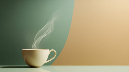 Gentle steam rises from the surface of a warm cup of tea set against a serene pastel backdrop, creating a peaceful ambiance.の素材