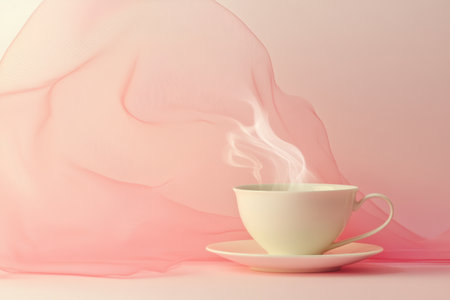 A tea cup rests on a saucer, gently releasing steam that swirls gracefully in the soft pink ambiance around it.の素材