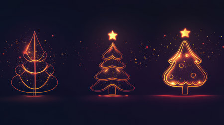 Delicate glowing lines form minimalist Christmas trees and ornaments, creating a festive atmosphere against a dark backdrop.の素材