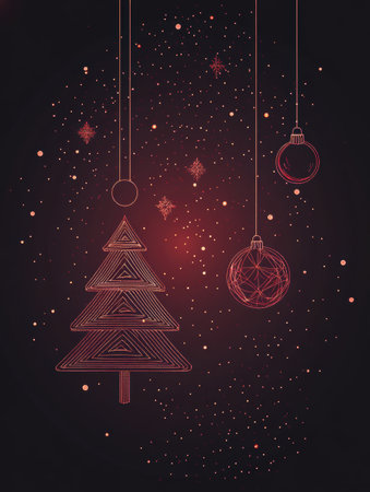 Glowing lines form silhouettes of Christmas trees and ornaments, offering a warm and festive ambiance in a dark setting.の素材