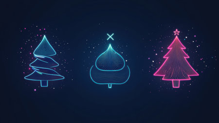 Glowing line silhouettes illustrate Christmas trees and ornaments against a dark backdrop, creating a minimalist festive atmosphere.の素材