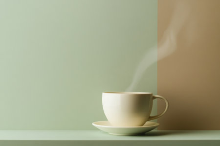 A warm cup of tea releases smooth steam, beautifully contrasting against soothing pastel walls, perfect for a calm moment.の素材