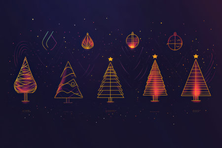 Minimalist silhouettes of Christmas trees and ornaments glow against a dark backdrop, embodying a festive holiday atmosphere.の素材