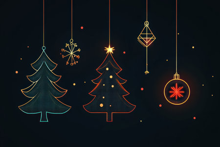 Minimalist silhouettes of Christmas trees and ornaments are illuminated by glowing lines, creating a festive atmosphere.の素材