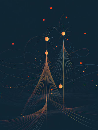 Delicate outlines of Christmas trees and ornaments shine brightly against a dark backdrop, exuding a festive spirit.の素材