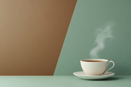A warm cup of tea emits gently curling steam, set against a calming backdrop that enhances a relaxing indoor atmosphere.の素材