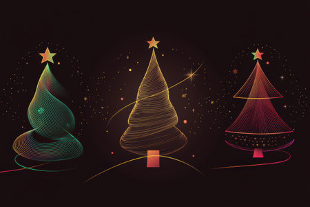 Minimalist silhouettes of Christmas trees and ornaments glow against a dark background, capturing the essence of the holiday season.の素材